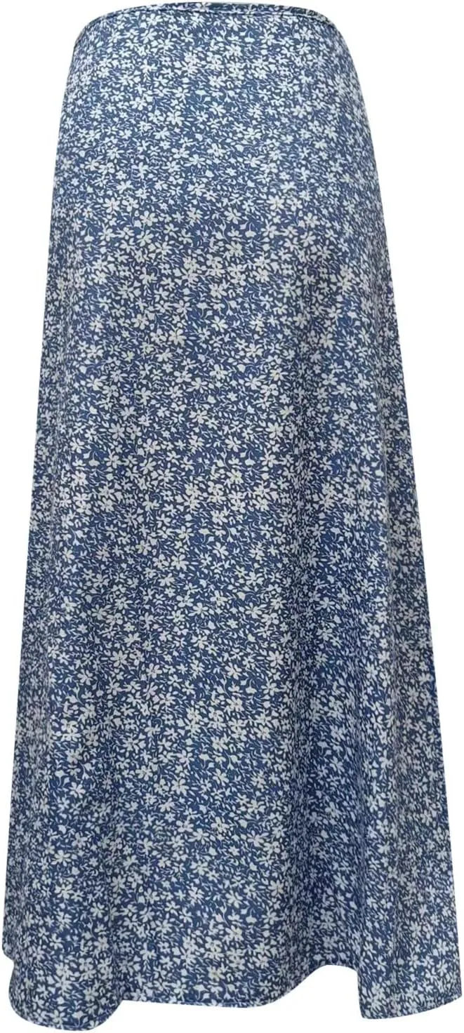 Boho Split Skirts for Women Floral Print Thigh Slit Swing High Waist A Line Midi Skirt Sexy Flared Summer Beach Skirt