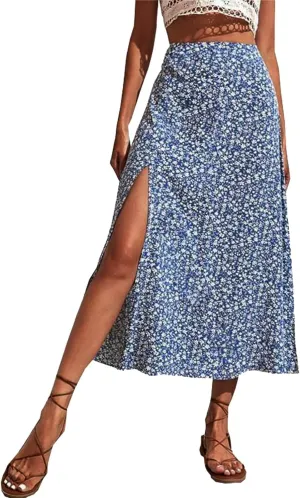 Boho Split Skirts for Women Floral Print Thigh Slit Swing High Waist A Line Midi Skirt Sexy Flared Summer Beach Skirt