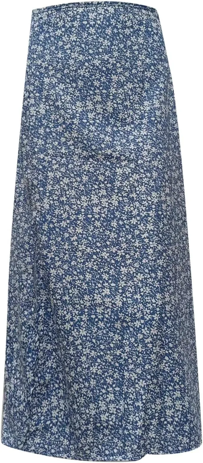 Boho Split Skirts for Women Floral Print Thigh Slit Swing High Waist A Line Midi Skirt Sexy Flared Summer Beach Skirt