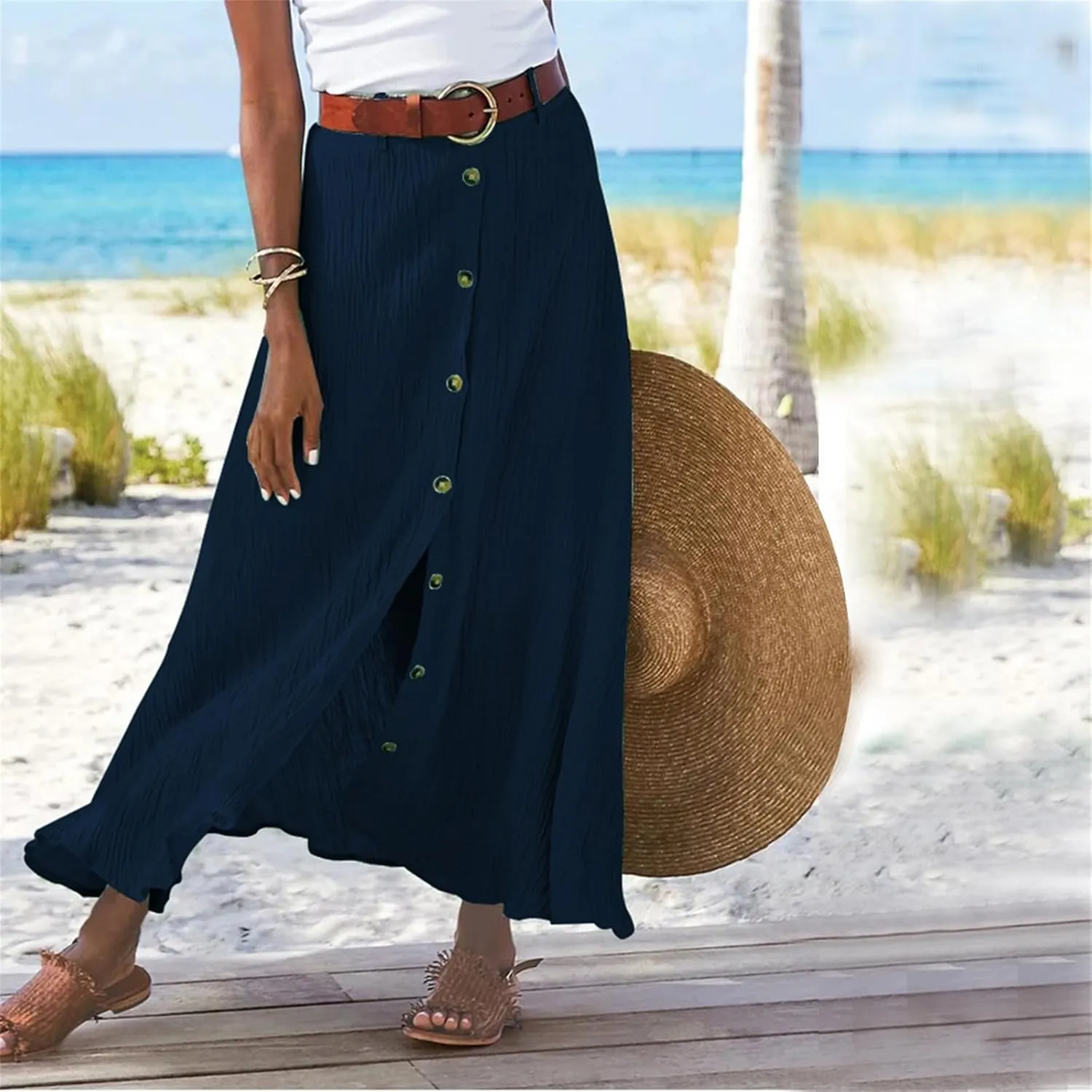 Button Down Maxi Skirts for Women Cotten Linen A Line Beach Long Skirts Casual Loose Flowy Swing Slit Front Dress