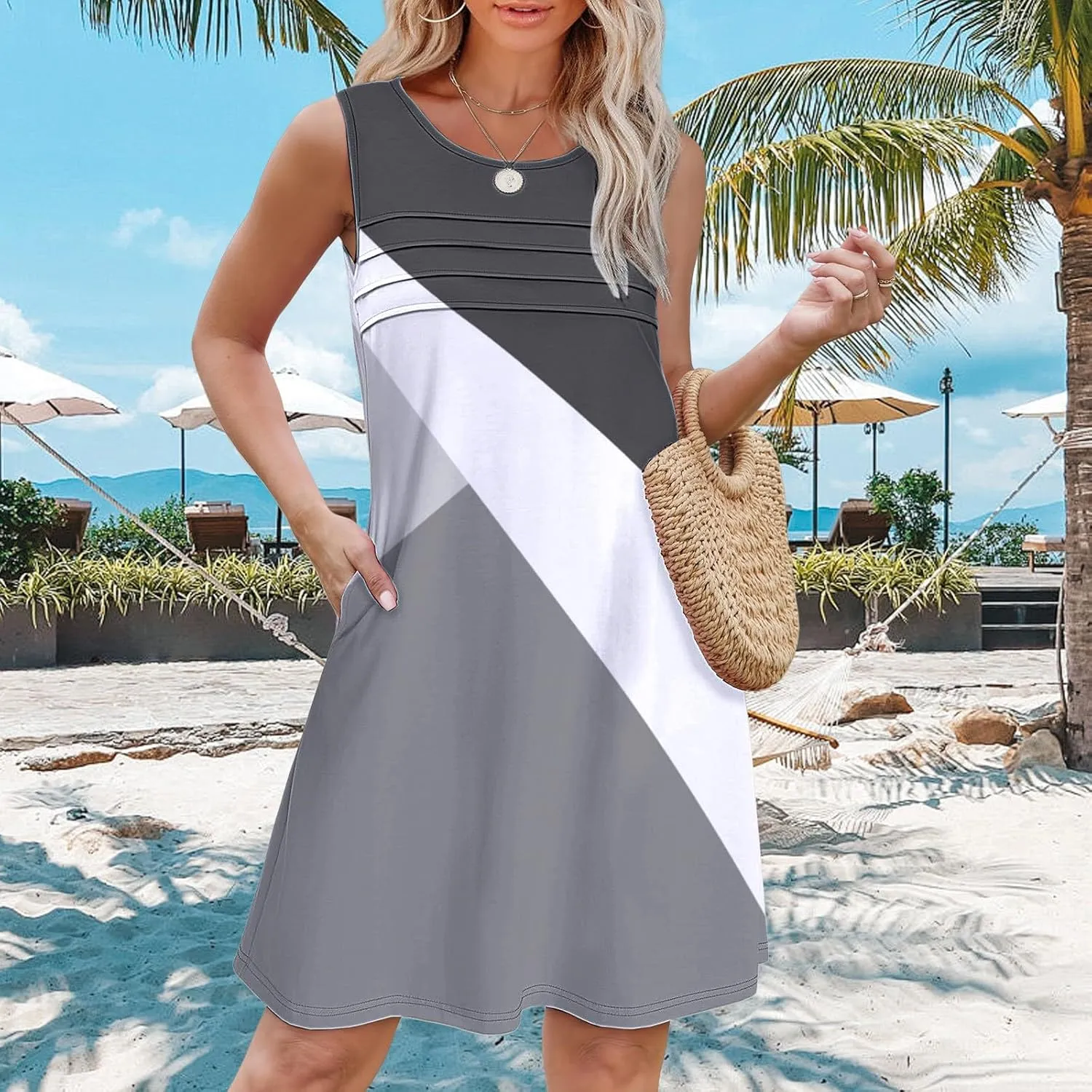 Casual Summer Dress Womens with Pockets Summer Casual Tank Dress Sleeveless Midi Beach Dress Cotton Sundresses