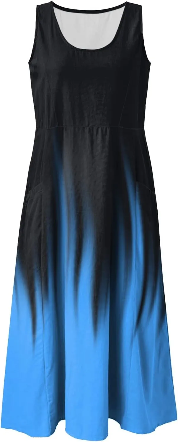 Casual Sundresdes Beach Cover Ups Women Summer Linen Tank Dress Loose Crew Neck Sleeveless Long Flowy Maxi Dresses