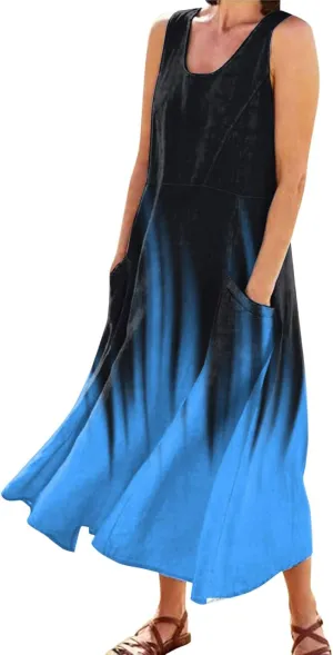 Casual Sundresdes Beach Cover Ups Women Summer Linen Tank Dress Loose Crew Neck Sleeveless Long Flowy Maxi Dresses