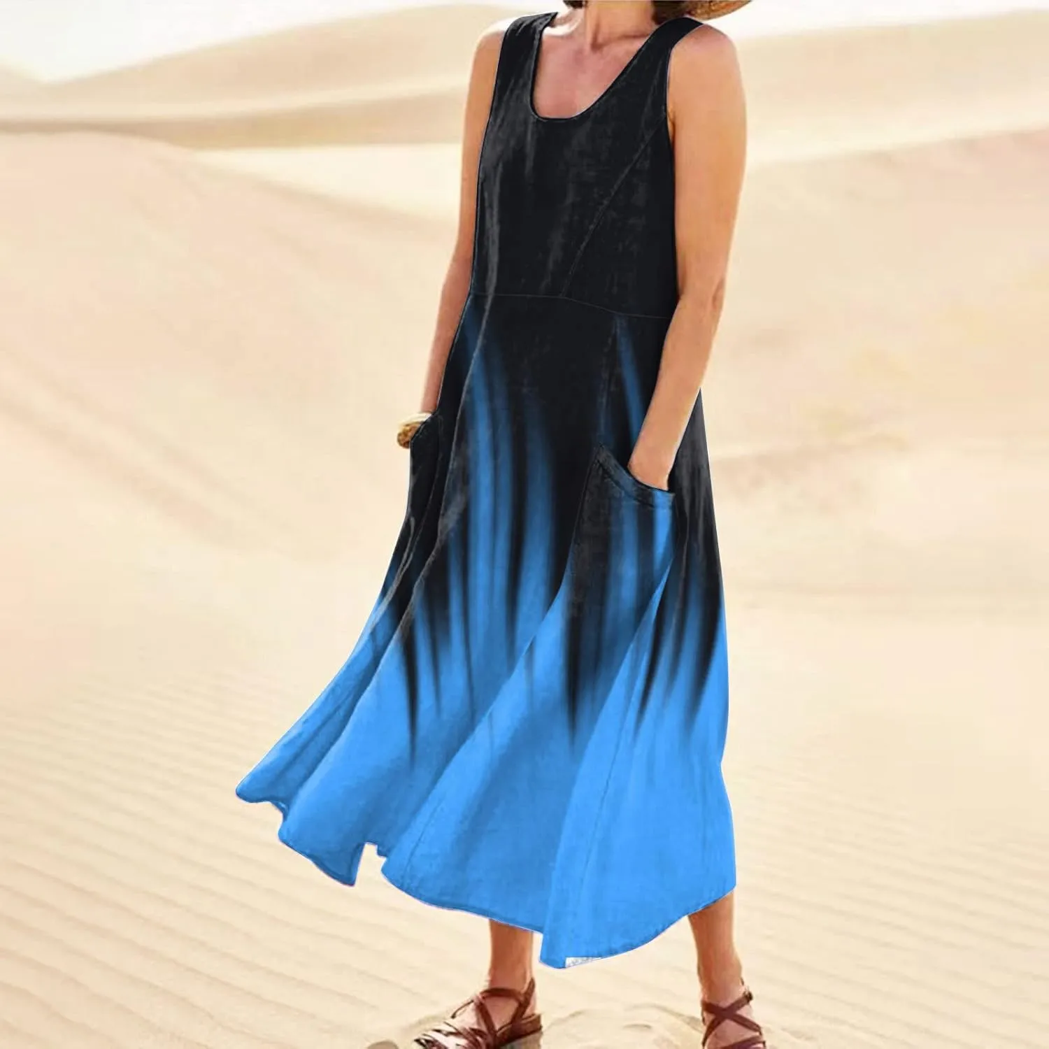 Casual Sundresdes Beach Cover Ups Women Summer Linen Tank Dress Loose Crew Neck Sleeveless Long Flowy Maxi Dresses