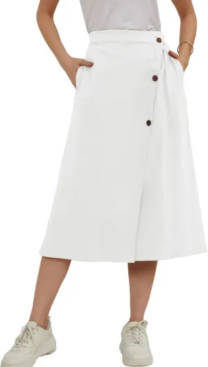 CHARTOU Women's Summer Linen Elastic Back Buttoned Swing Midi A Line Skirt