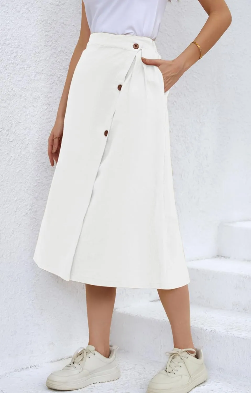 CHARTOU Women's Summer Linen Elastic Back Buttoned Swing Midi A Line Skirt