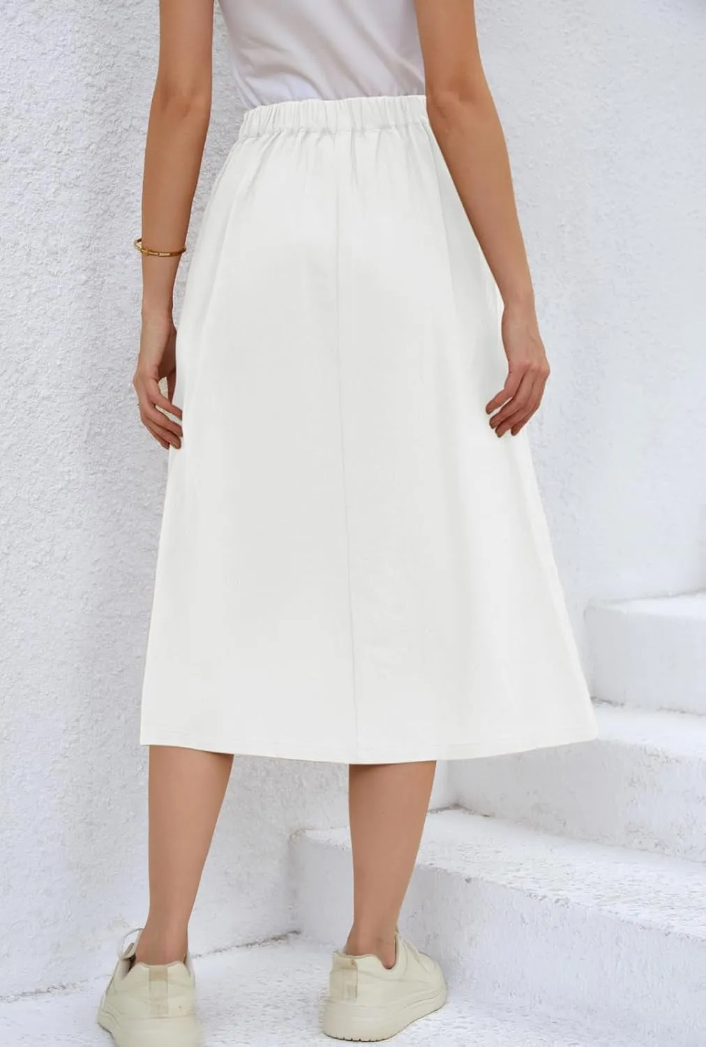CHARTOU Women's Summer Linen Elastic Back Buttoned Swing Midi A Line Skirt
