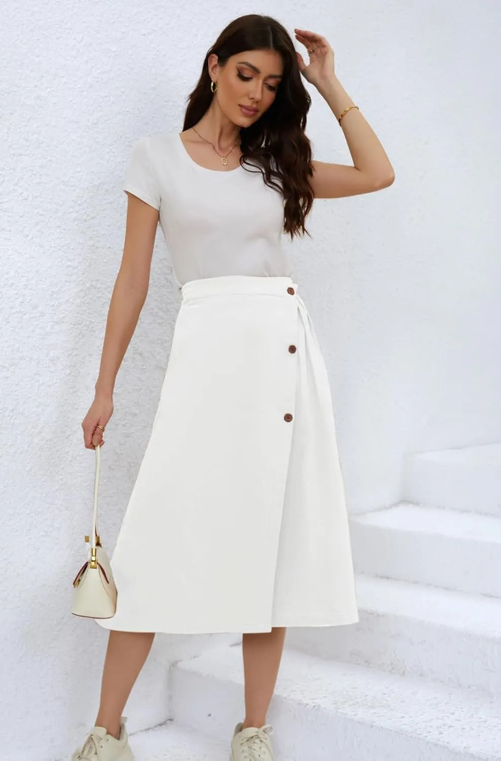 CHARTOU Women's Summer Linen Elastic Back Buttoned Swing Midi A Line Skirt