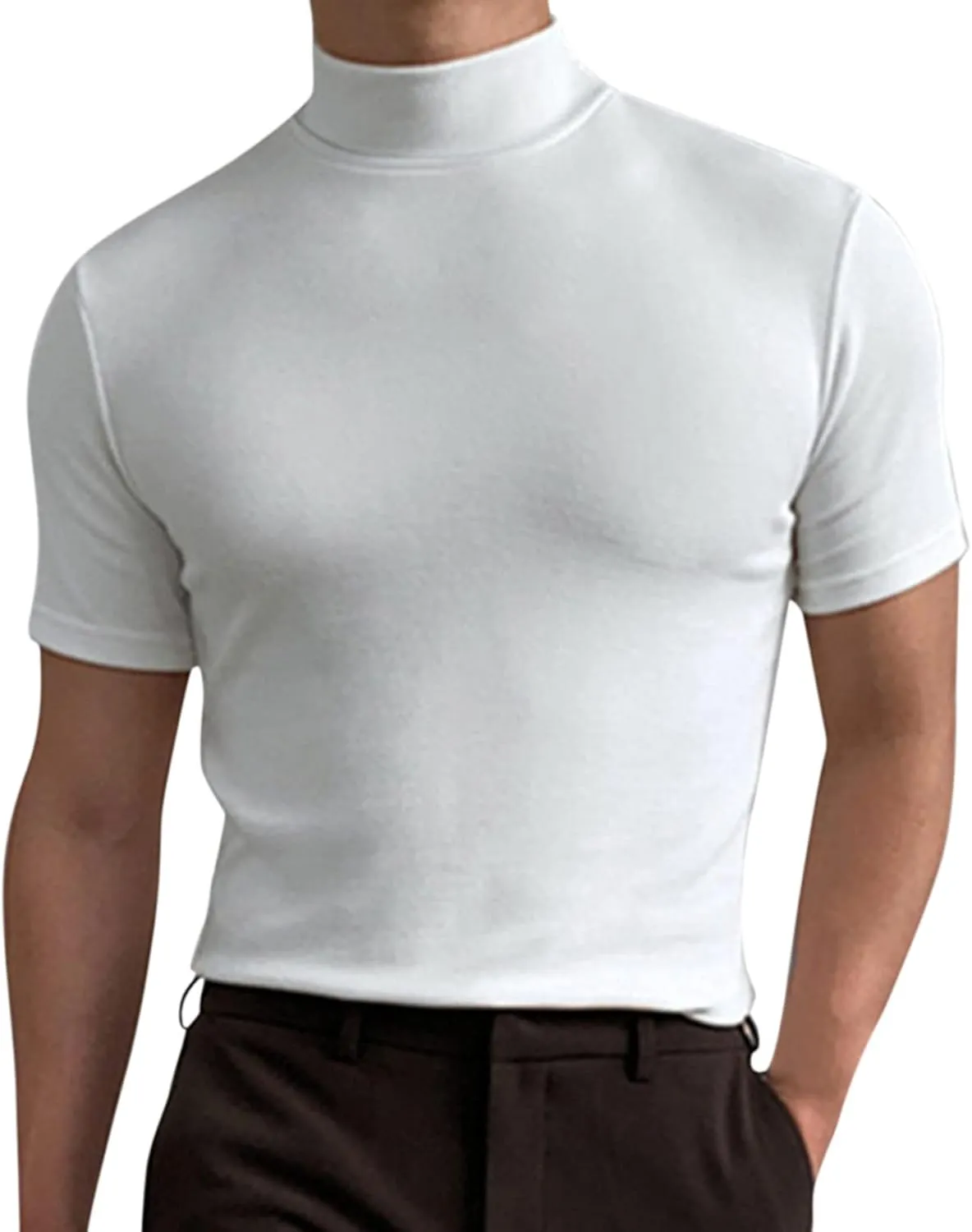 CHUUMEE Mens Mock Turtleneck Sweater Short Sleeve Solid Color T-Shirts Basic Slim Fit Pullover Tees