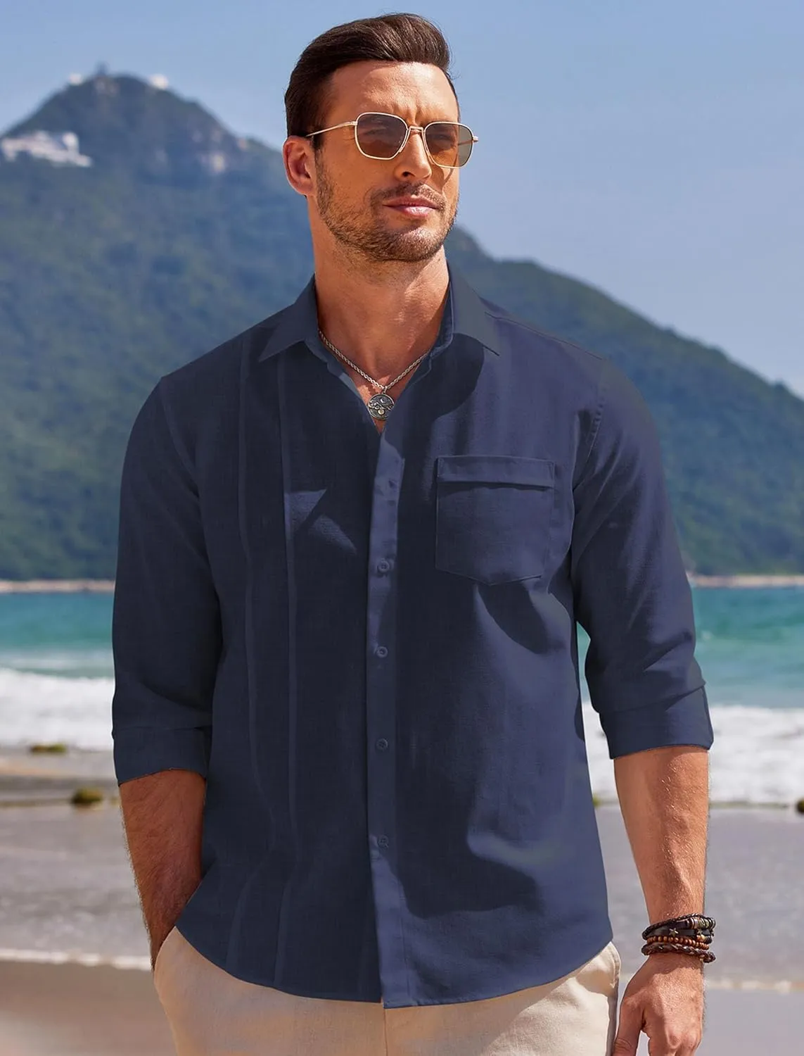 COOFANDY Men Linen Cuban Guayabera Shirts - Long Sleeve Dress & Beach Wedding Shirts
