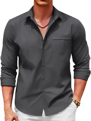 COOFANDY Men Linen Cuban Guayabera Shirts - Long Sleeve Dress & Beach Wedding Shirts