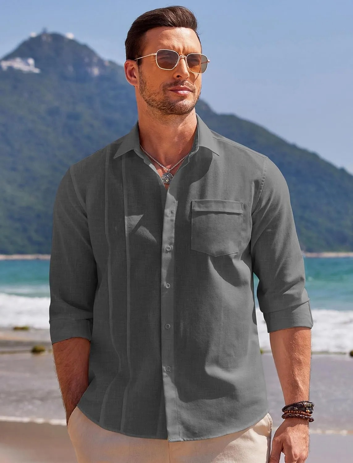 COOFANDY Men Linen Cuban Guayabera Shirts - Long Sleeve Dress & Beach Wedding Shirts