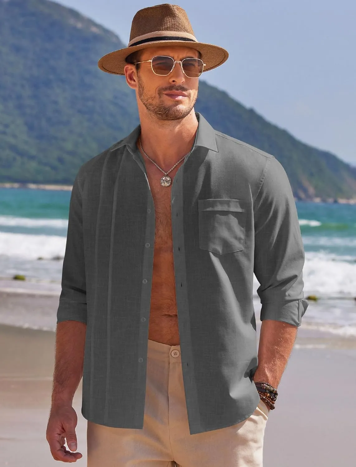 COOFANDY Men Linen Cuban Guayabera Shirts - Long Sleeve Dress & Beach Wedding Shirts
