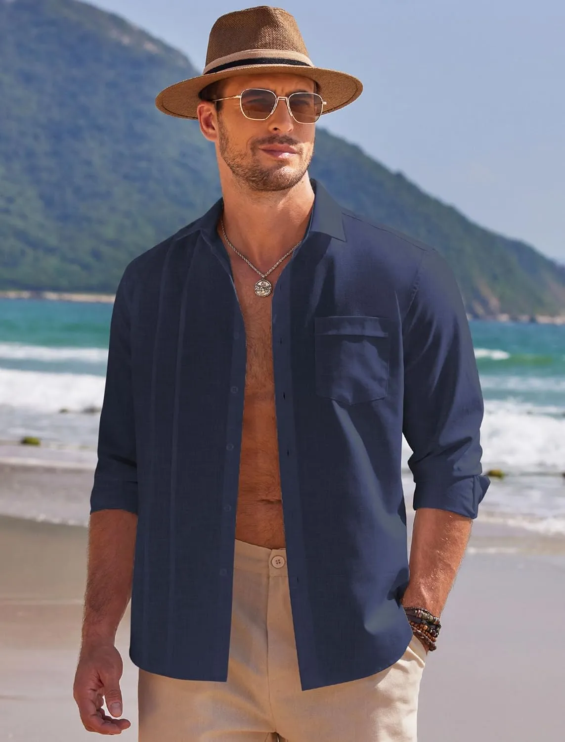 COOFANDY Men Linen Cuban Guayabera Shirts - Long Sleeve Dress & Beach Wedding Shirts