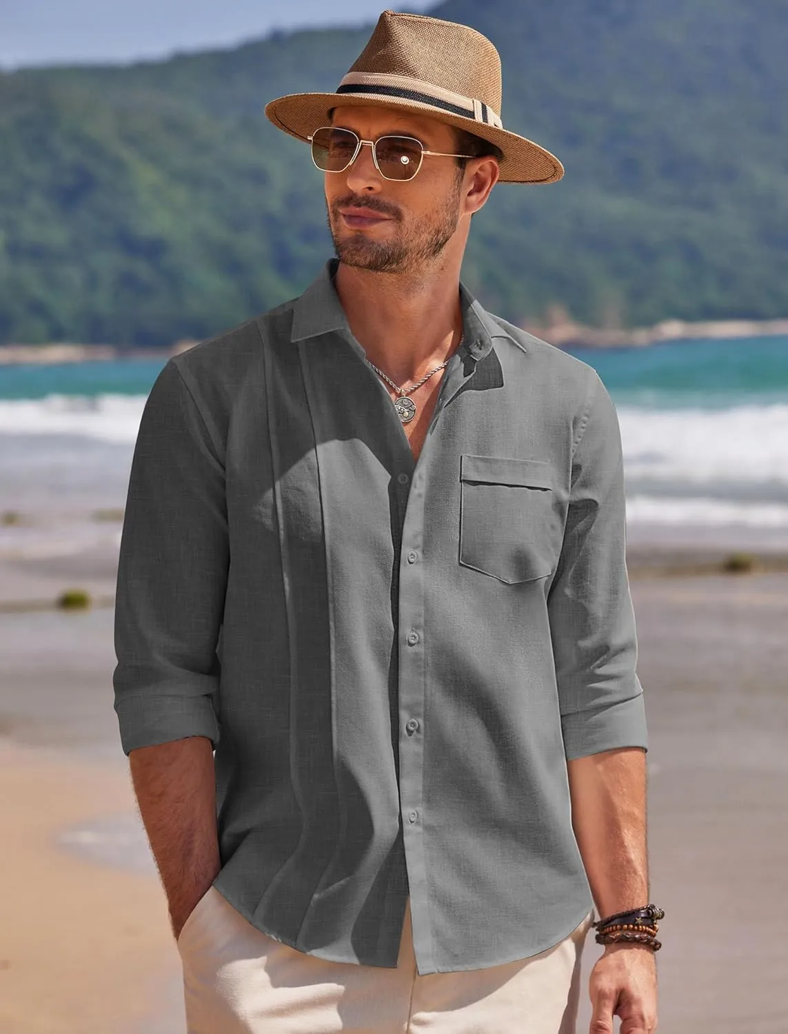 COOFANDY Men Linen Cuban Guayabera Shirts - Long Sleeve Dress & Beach Wedding Shirts