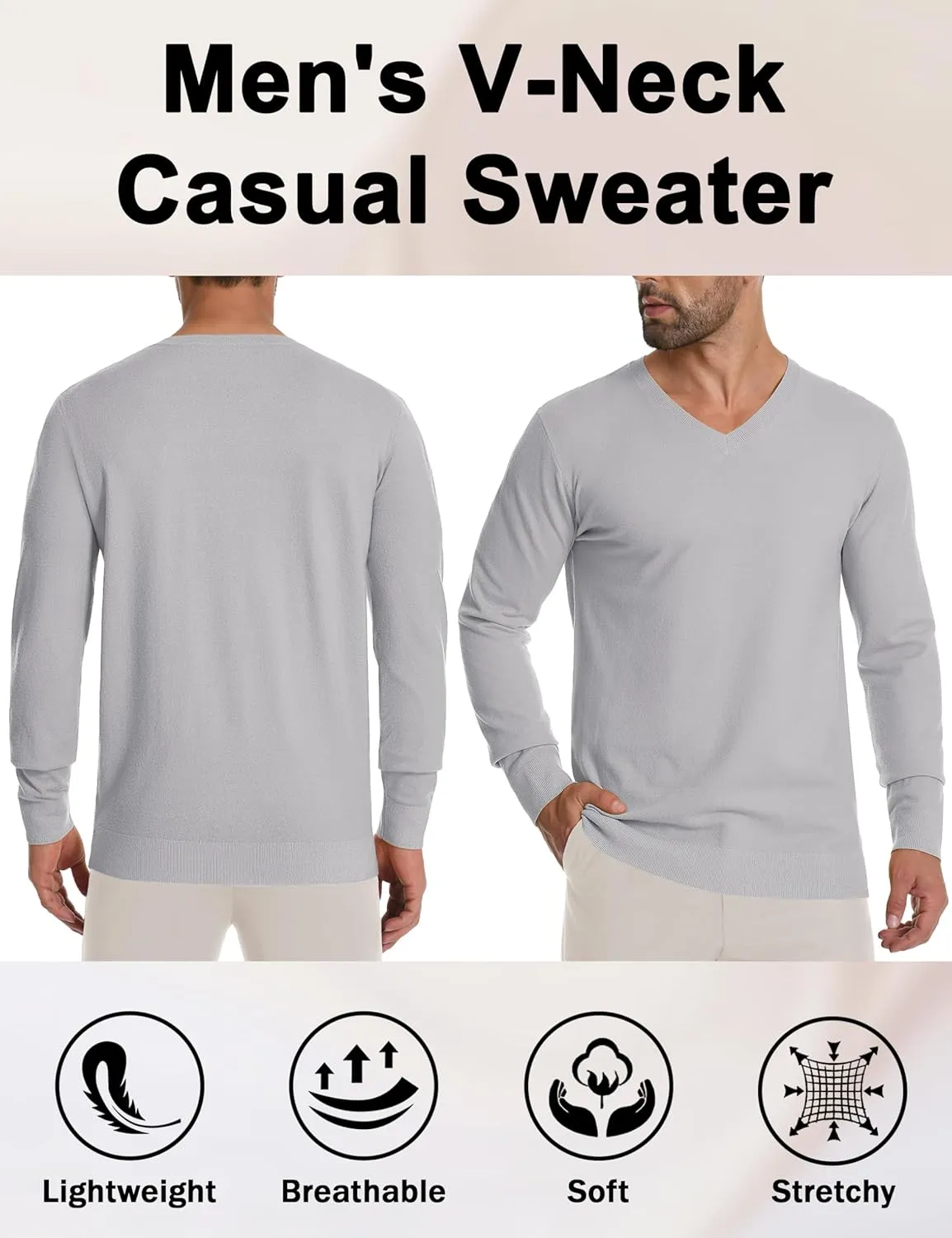 CRYSULLY Men's V Neck Sweater Knitted Pullover Casual Soft Lightweight Long Sleeve Dress Sweater