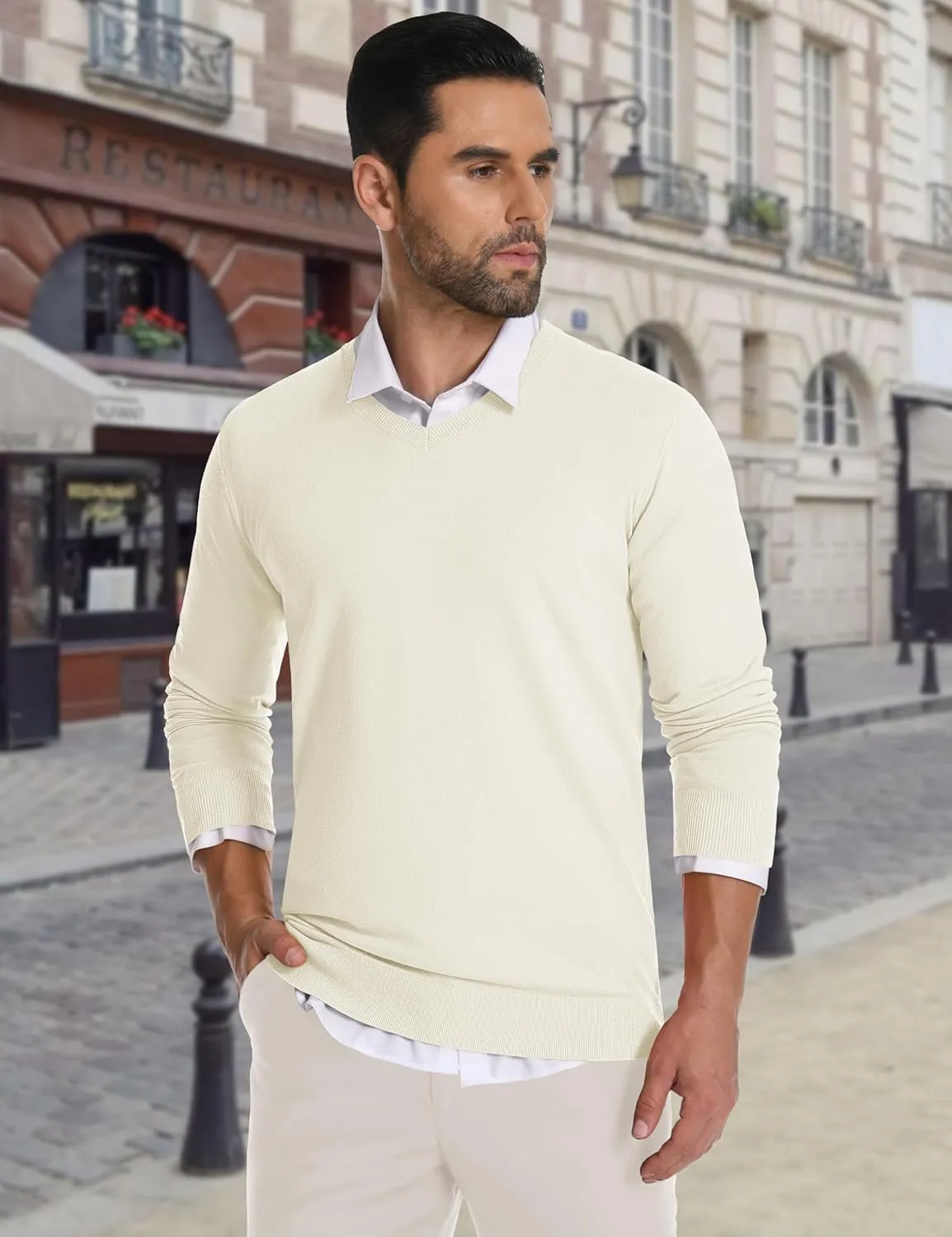 CRYSULLY Men's V Neck Sweater Knitted Pullover Casual Soft Lightweight Long Sleeve Dress Sweater