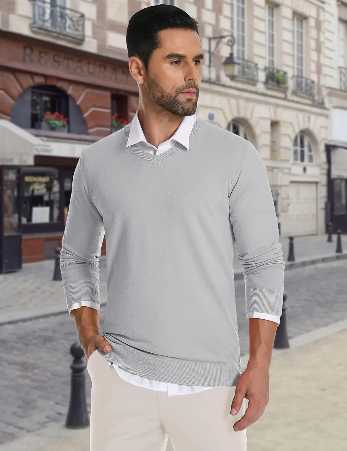 CRYSULLY Men's V Neck Sweater Knitted Pullover Casual Soft Lightweight Long Sleeve Dress Sweater