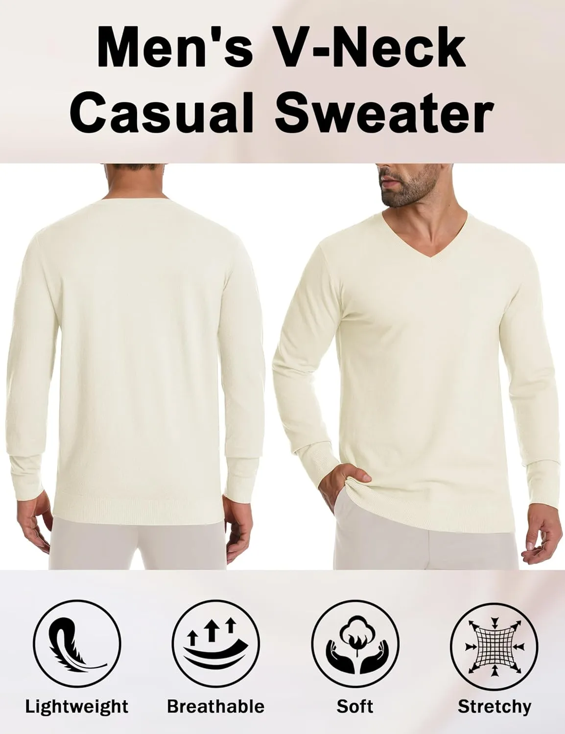 CRYSULLY Men's V Neck Sweater Knitted Pullover Casual Soft Lightweight Long Sleeve Dress Sweater