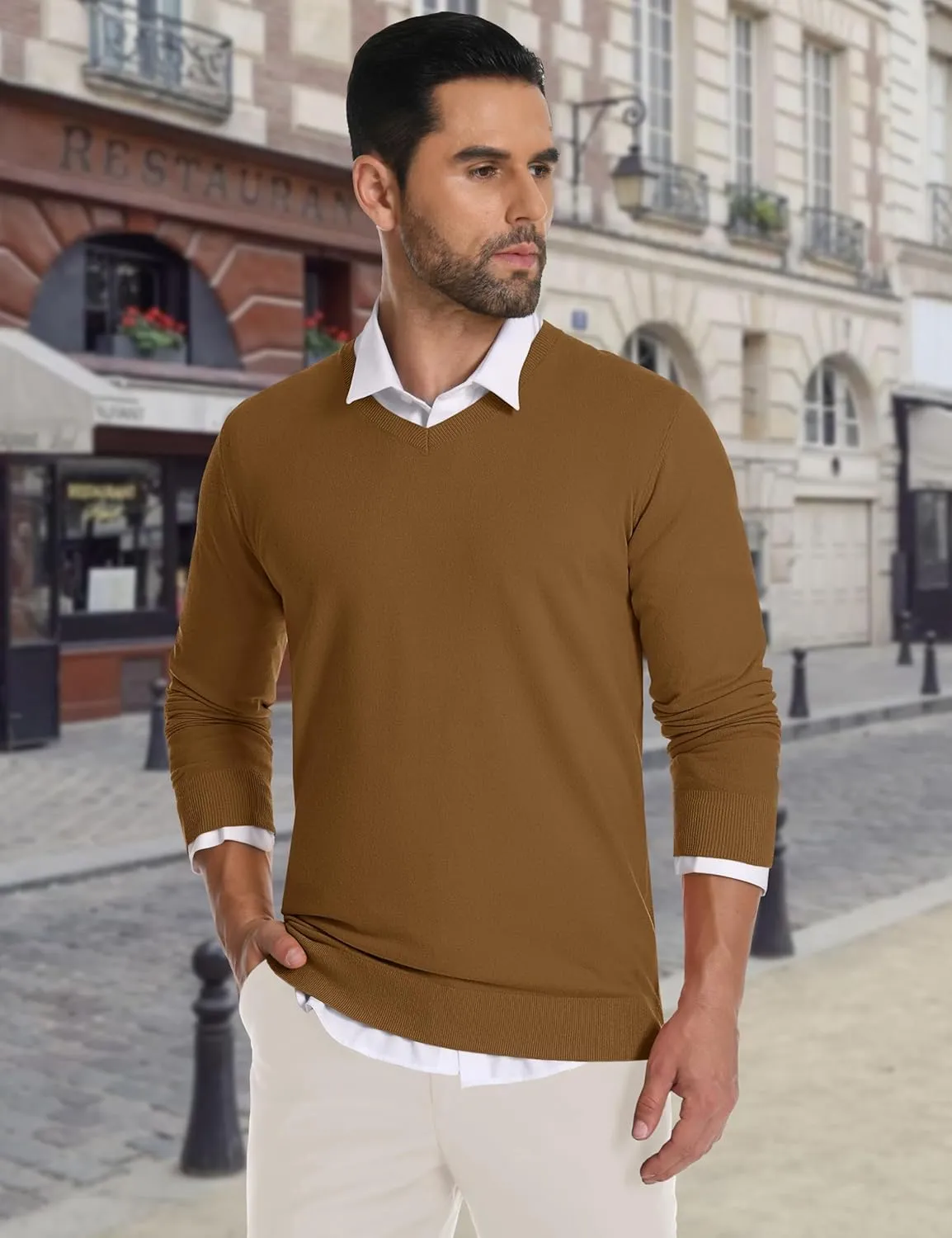 CRYSULLY Men's V Neck Sweater Knitted Pullover Casual Soft Lightweight Long Sleeve Dress Sweater