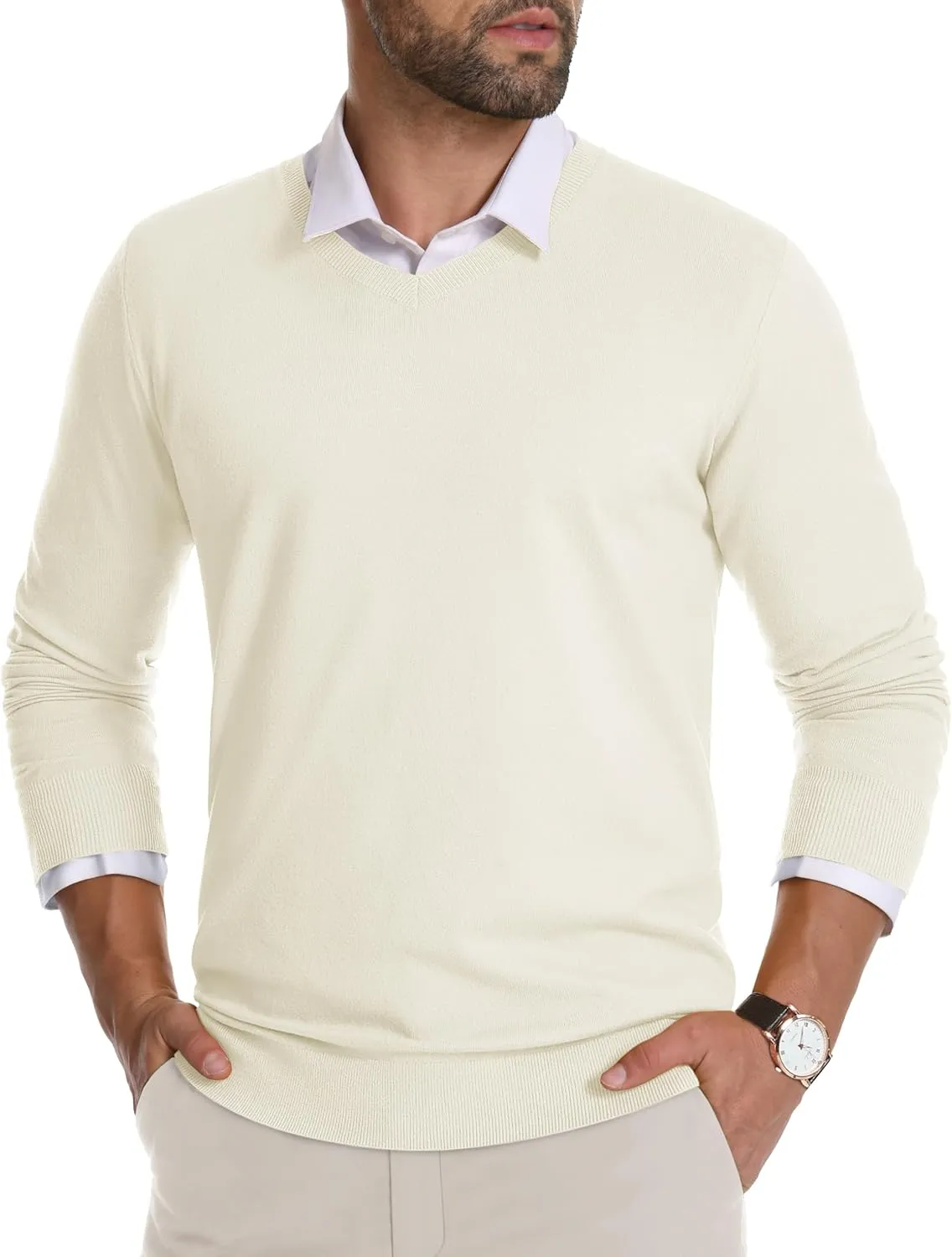 CRYSULLY Men's V Neck Sweater Knitted Pullover Casual Soft Lightweight Long Sleeve Dress Sweater