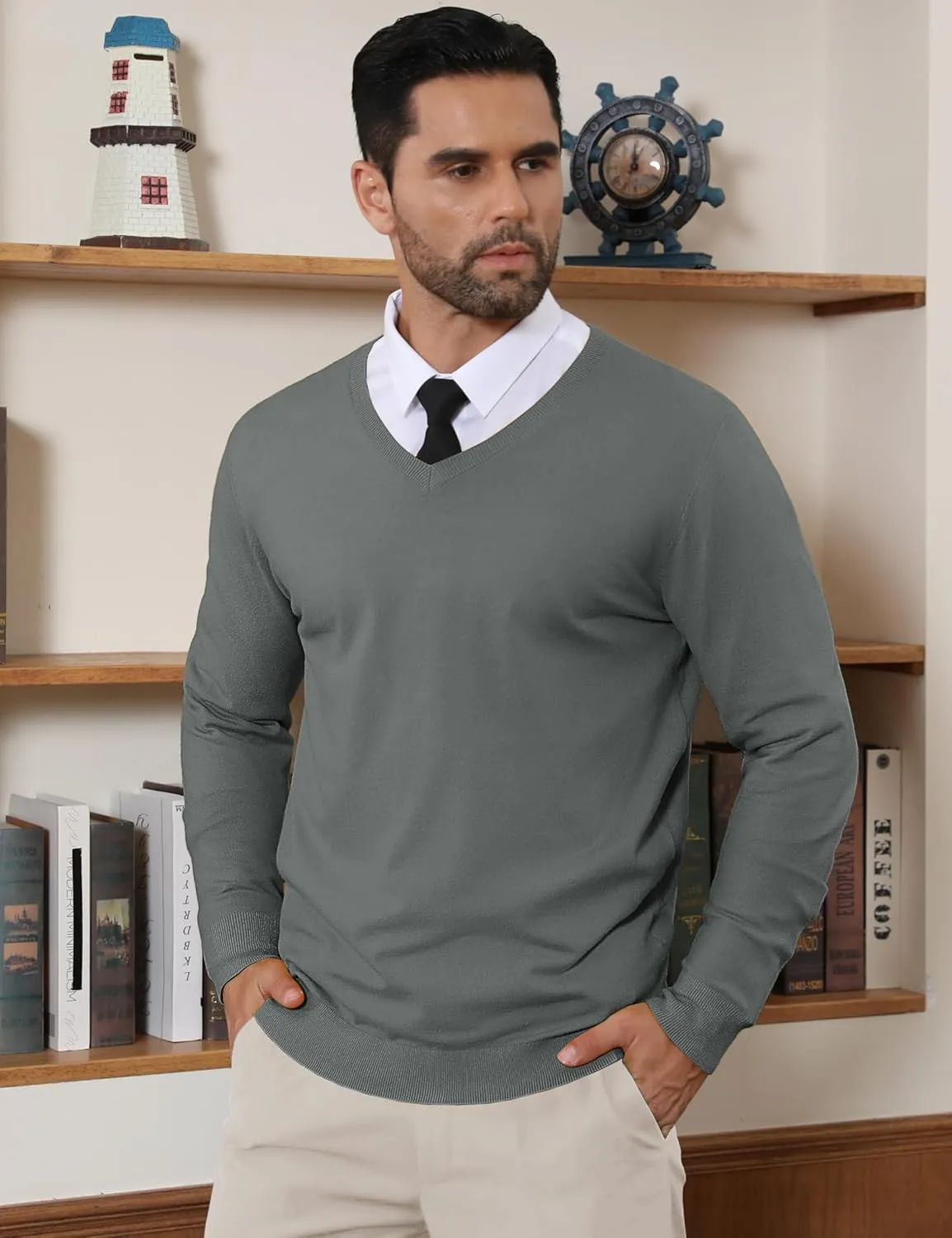 CRYSULLY Men's V Neck Sweater Knitted Pullover Casual Soft Lightweight Long Sleeve Dress Sweater