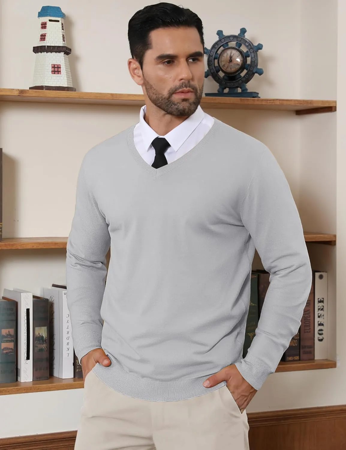 CRYSULLY Men's V Neck Sweater Knitted Pullover Casual Soft Lightweight Long Sleeve Dress Sweater
