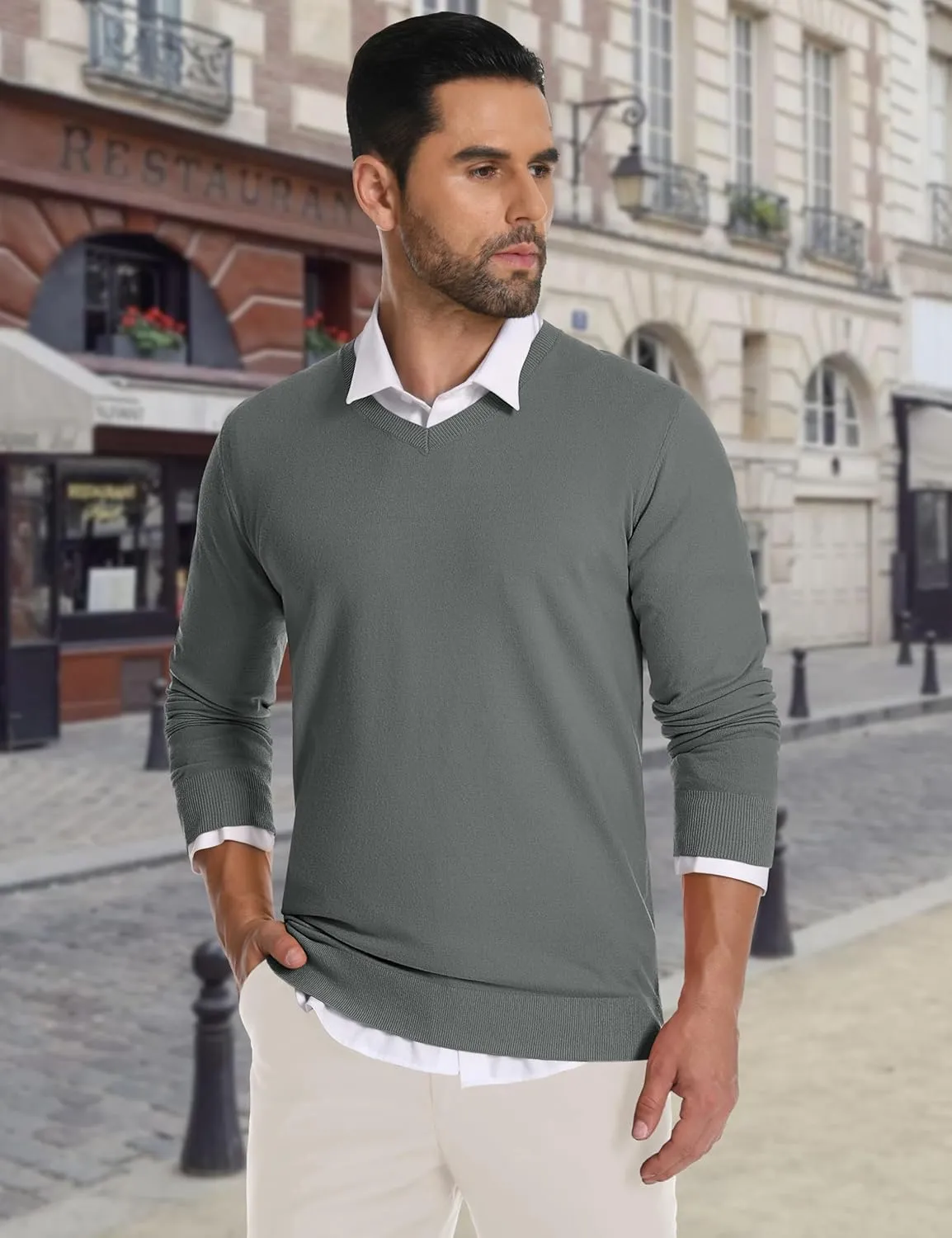CRYSULLY Men's V Neck Sweater Knitted Pullover Casual Soft Lightweight Long Sleeve Dress Sweater
