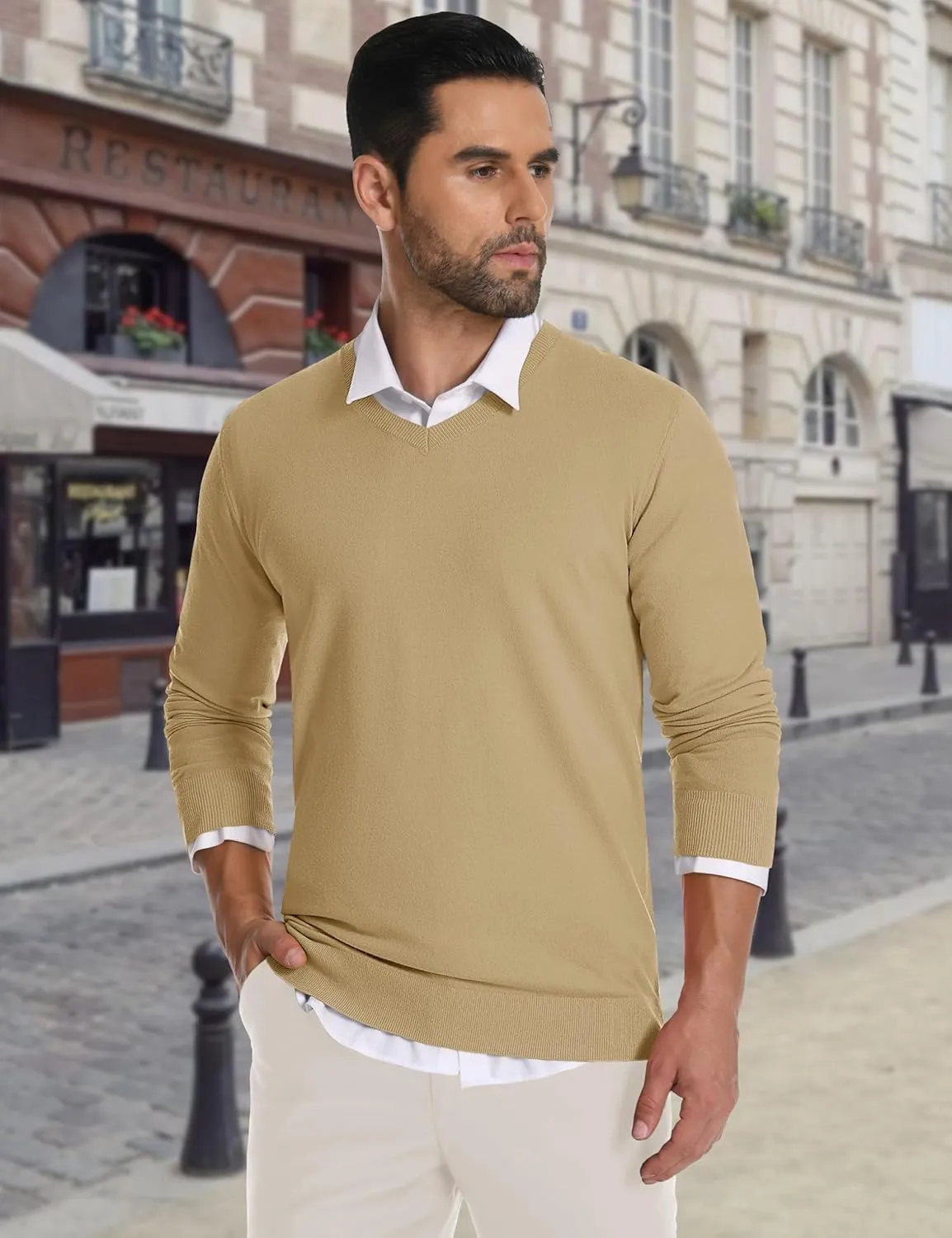 CRYSULLY Men's V Neck Sweater Knitted Pullover Casual Soft Lightweight Long Sleeve Dress Sweater