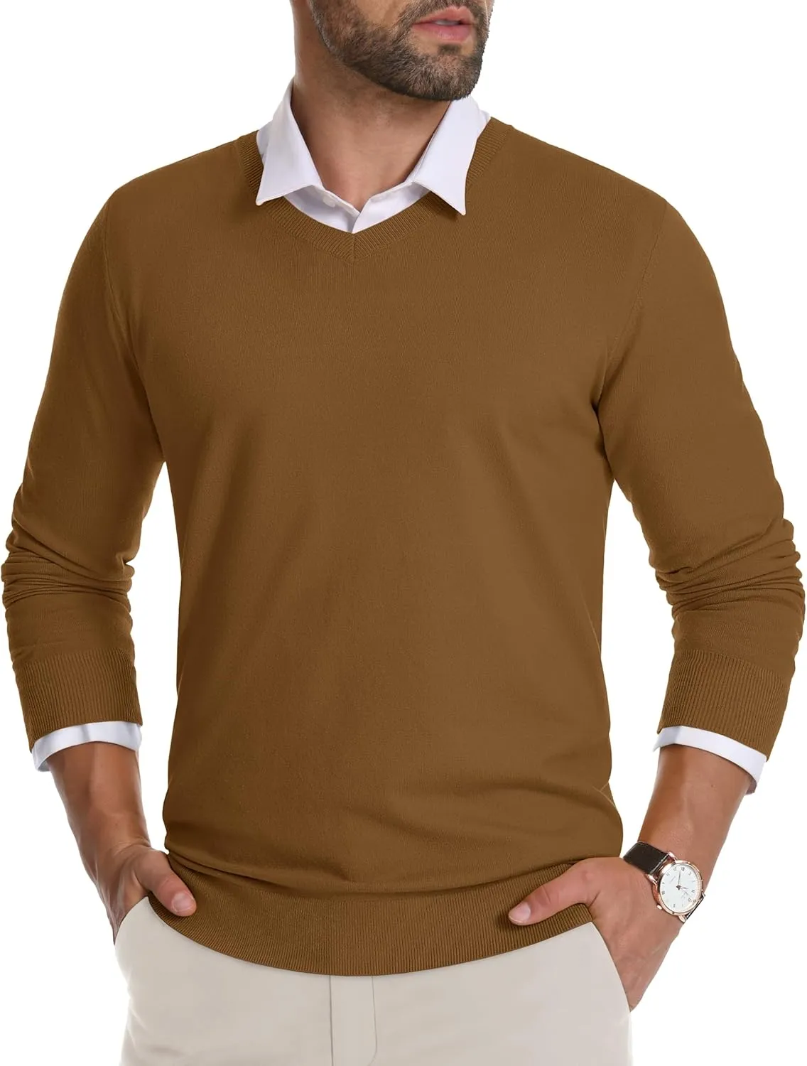 CRYSULLY Men's V Neck Sweater Knitted Pullover Casual Soft Lightweight Long Sleeve Dress Sweater