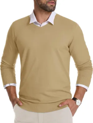 CRYSULLY Men's V Neck Sweater Knitted Pullover Casual Soft Lightweight Long Sleeve Dress Sweater