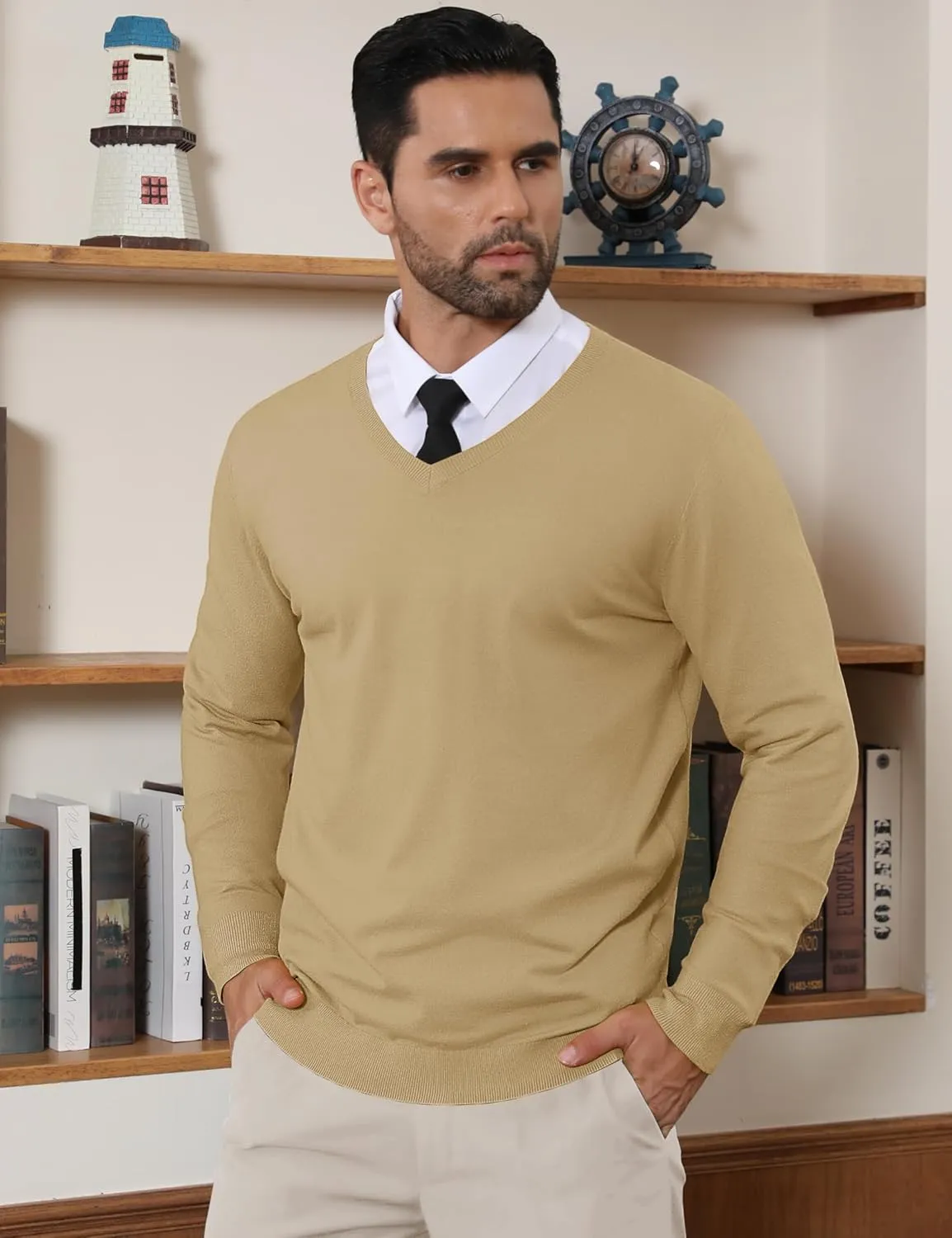 CRYSULLY Men's V Neck Sweater Knitted Pullover Casual Soft Lightweight Long Sleeve Dress Sweater