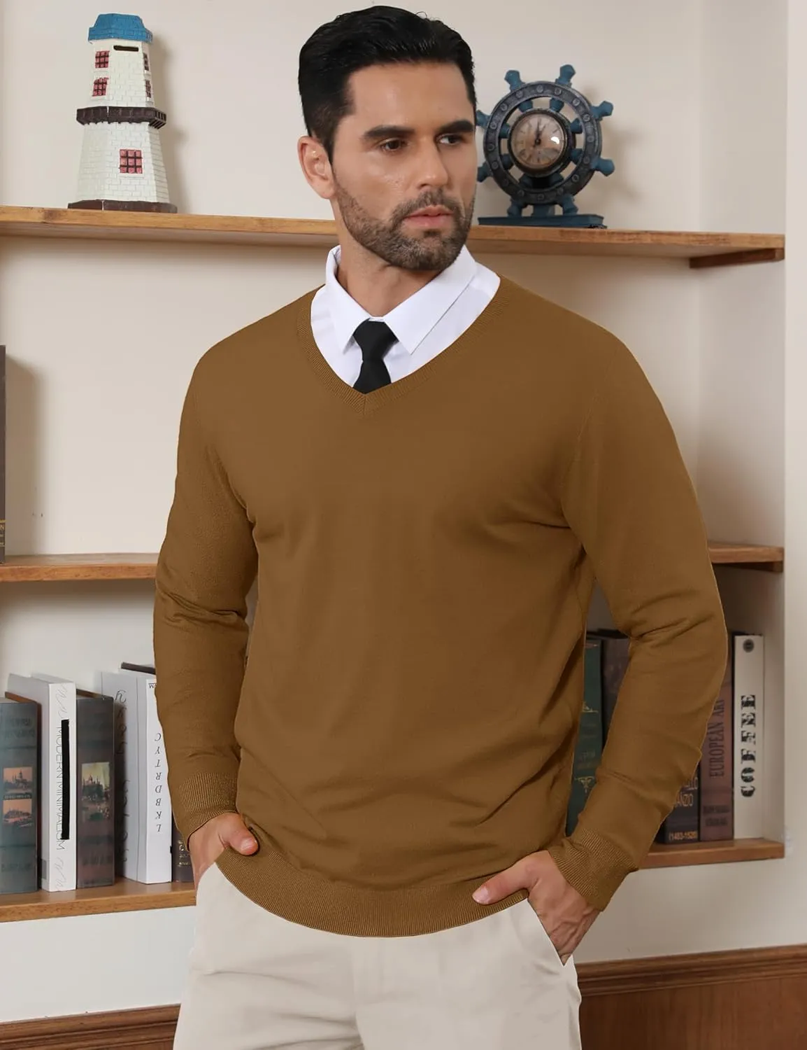 CRYSULLY Men's V Neck Sweater Knitted Pullover Casual Soft Lightweight Long Sleeve Dress Sweater