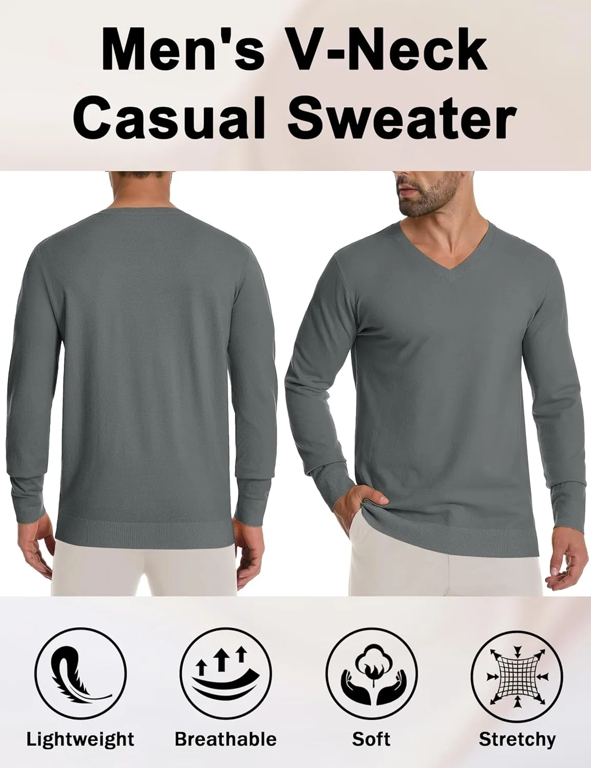 CRYSULLY Men's V Neck Sweater Knitted Pullover Casual Soft Lightweight Long Sleeve Dress Sweater