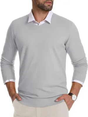 CRYSULLY Men's V Neck Sweater Knitted Pullover Casual Soft Lightweight Long Sleeve Dress Sweater