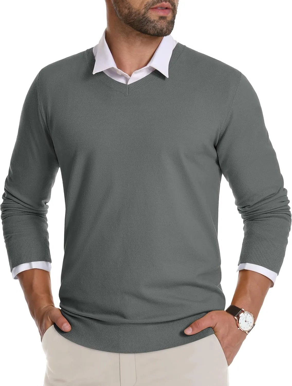 CRYSULLY Men's V Neck Sweater Knitted Pullover Casual Soft Lightweight Long Sleeve Dress Sweater