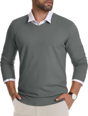 CRYSULLY Men's V Neck Sweater Knitted Pullover Casual Soft Lightweight Long Sleeve Dress Sweater
