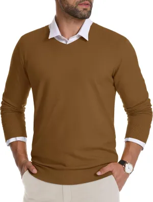CRYSULLY Men's V Neck Sweater Knitted Pullover Casual Soft Lightweight Long Sleeve Dress Sweater