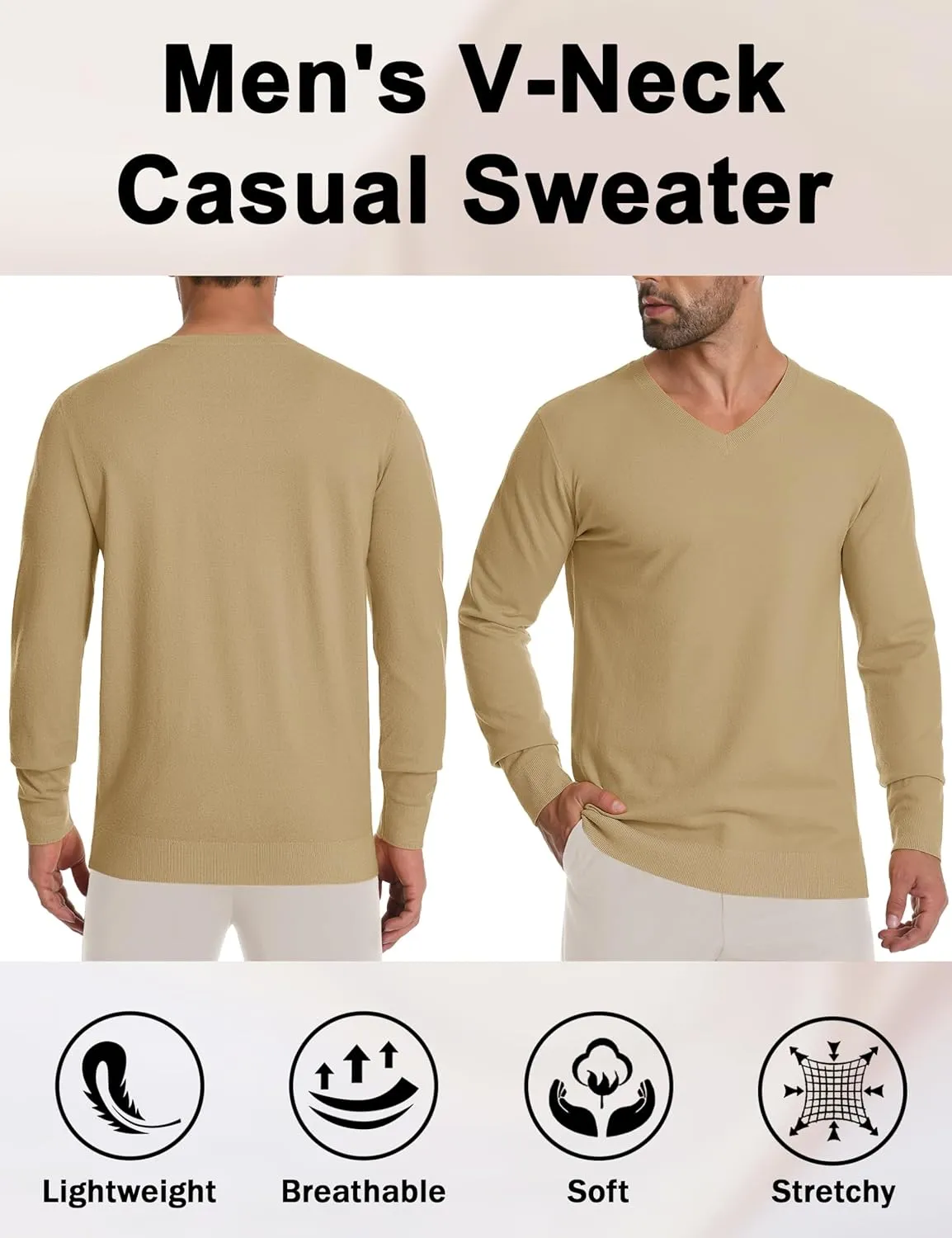 CRYSULLY Men's V Neck Sweater Knitted Pullover Casual Soft Lightweight Long Sleeve Dress Sweater