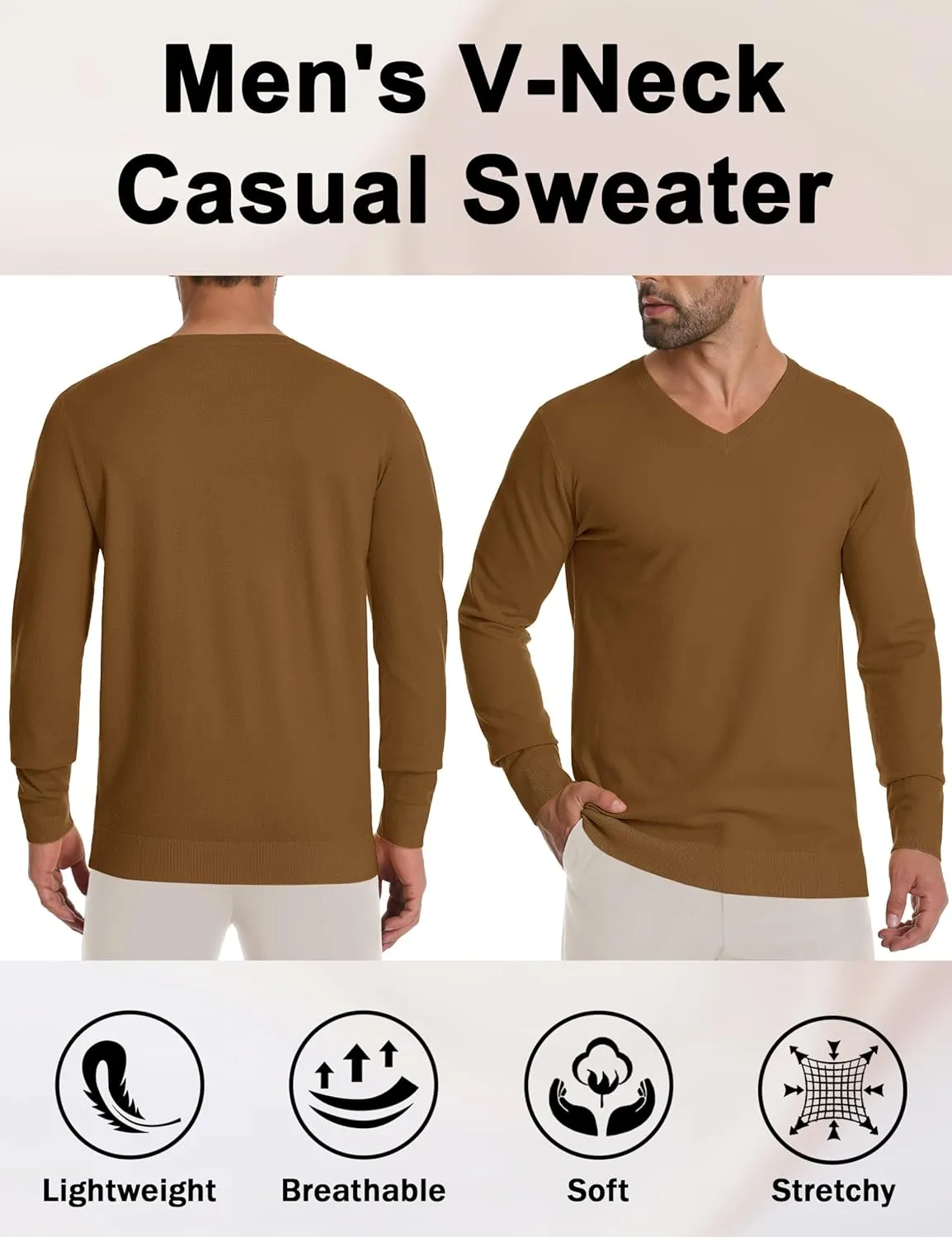 CRYSULLY Men's V Neck Sweater Knitted Pullover Casual Soft Lightweight Long Sleeve Dress Sweater