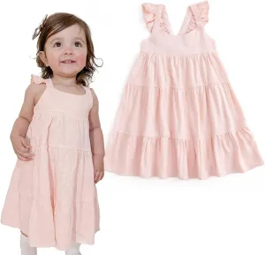 Curipeer Toddler Girls Linen Solid Dress with Smocking Girls Casual Sleeveless Dress 12M-8T
