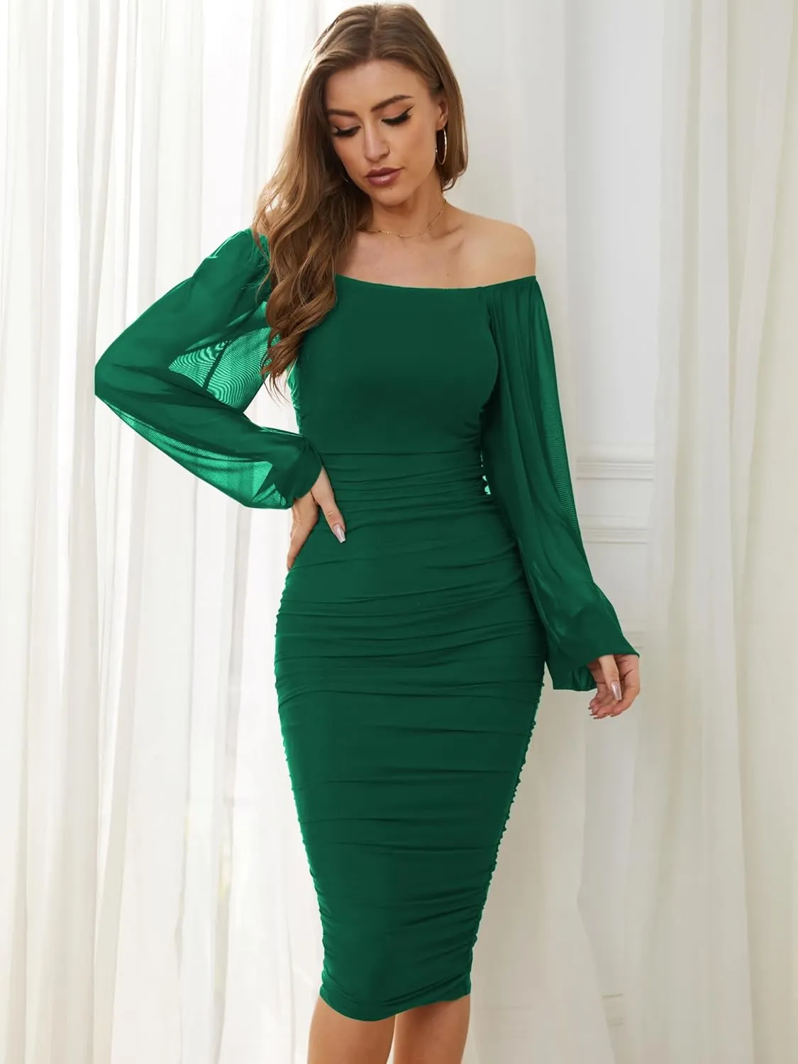 CYiNu Women's Elegant Ruched Bodycon Midi Dress Square Neck Long Puff Sleeve Mesh Cocktail Party Dresses