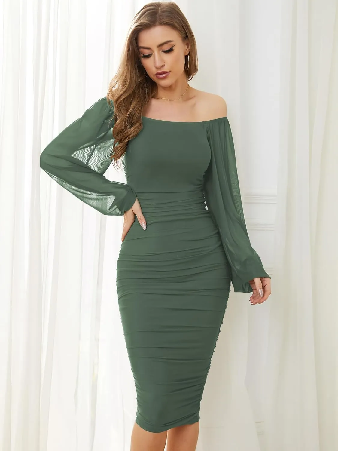 CYiNu Women's Elegant Ruched Bodycon Midi Dress Square Neck Long Puff Sleeve Mesh Cocktail Party Dresses