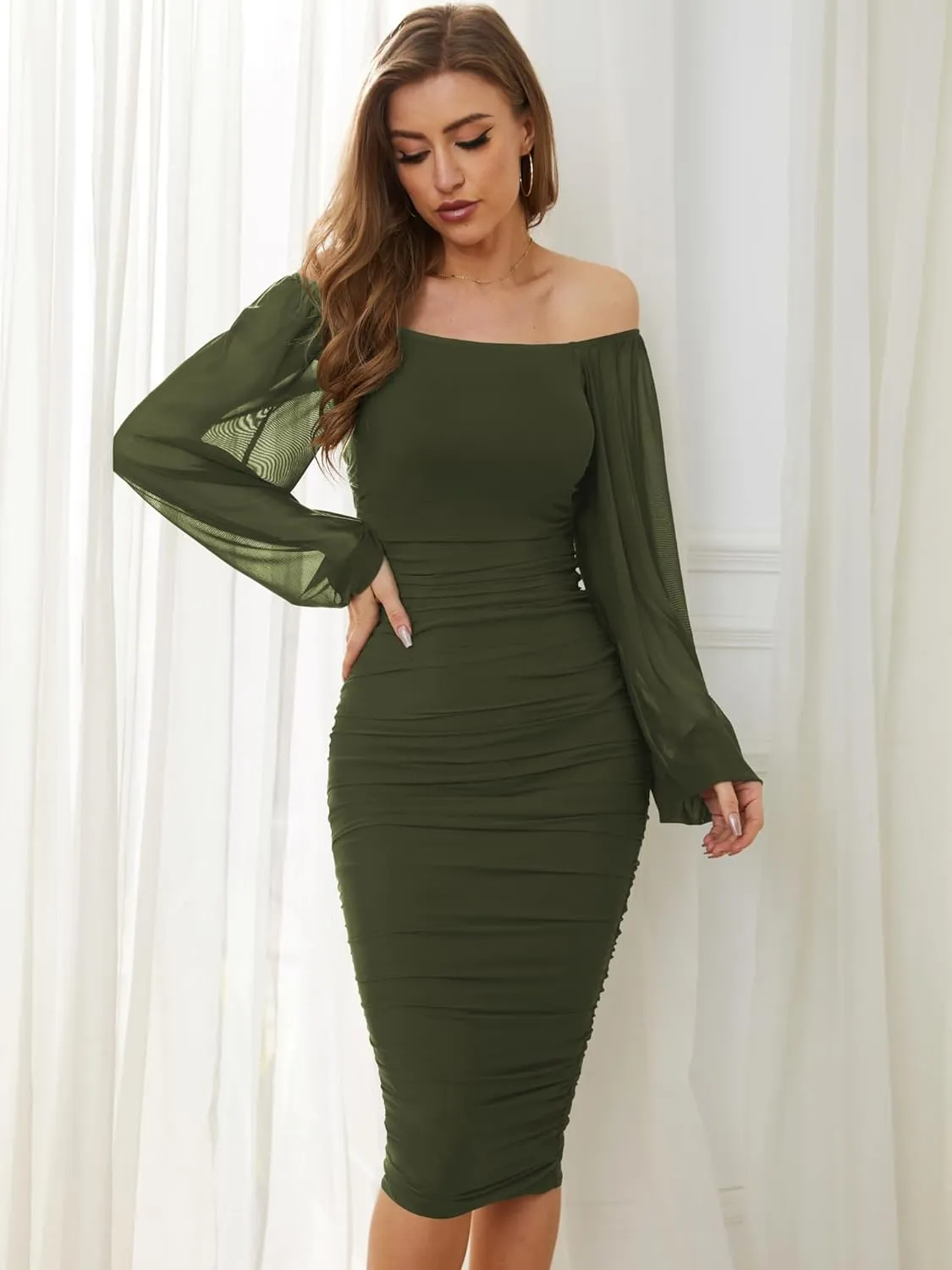 CYiNu Women's Elegant Ruched Bodycon Midi Dress Square Neck Long Puff Sleeve Mesh Cocktail Party Dresses