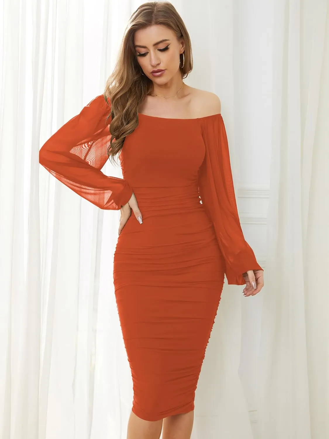 CYiNu Women's Elegant Ruched Bodycon Midi Dress Square Neck Long Puff Sleeve Mesh Cocktail Party Dresses