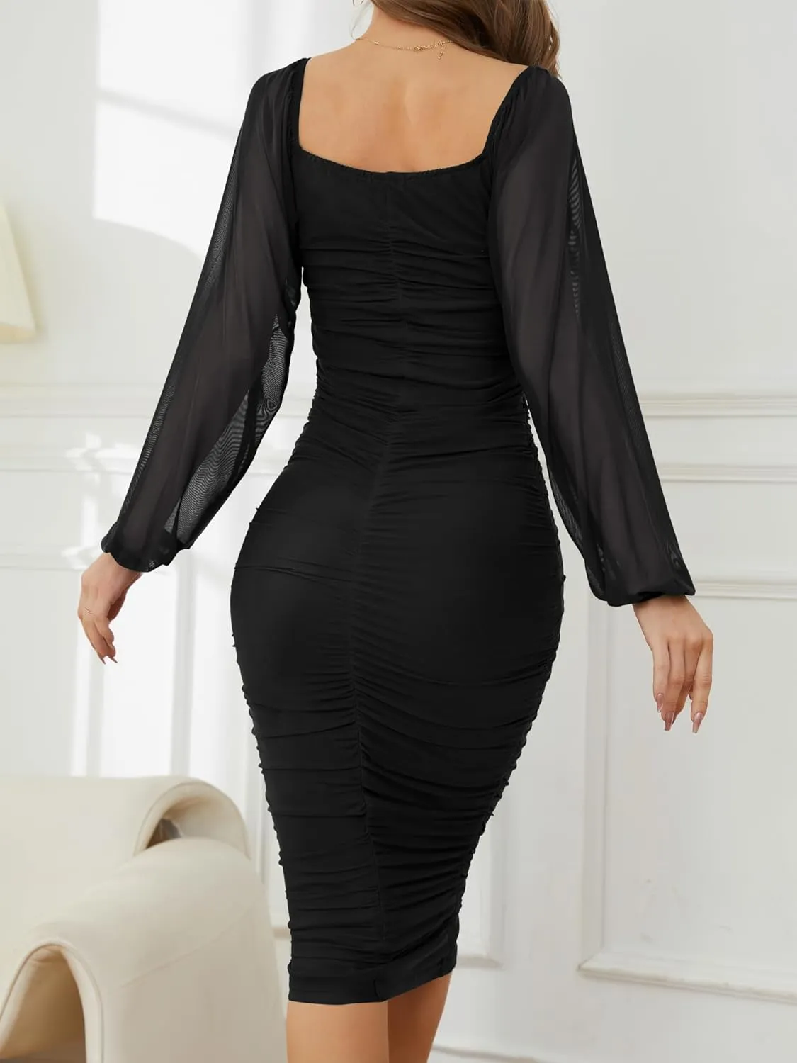 CYiNu Women's Elegant Ruched Bodycon Midi Dress Square Neck Long Puff Sleeve Mesh Cocktail Party Dresses