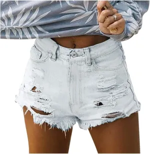 Denim Shorts for Teen Girls Fashionable High Waisted Stretchy Mom Jean Shorts Solid Frayed Hem Hot Short Pants