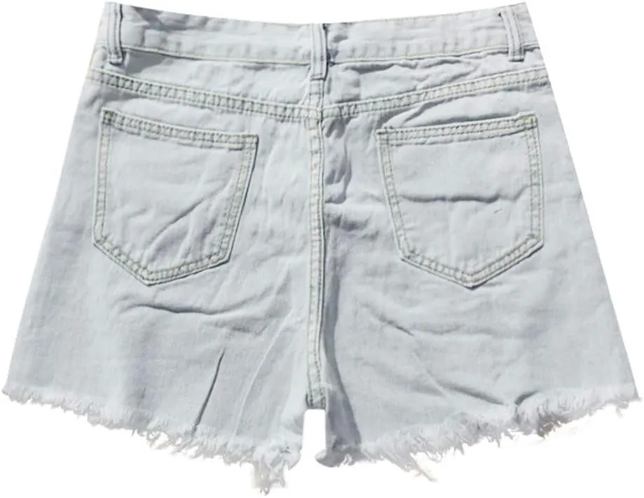 Denim Shorts for Teen Girls Fashionable High Waisted Stretchy Mom Jean Shorts Solid Frayed Hem Hot Short Pants