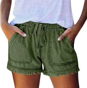 Denim Shorts for Women Casual Drawstring Elastic Waist Shorts Baggy Frayed Raw Hem Summer Comfy Jeans Short with Pockets
