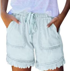 Denim Shorts for Women Casual Drawstring Elastic Waist Shorts Baggy Frayed Raw Hem Summer Comfy Jeans Short with Pockets